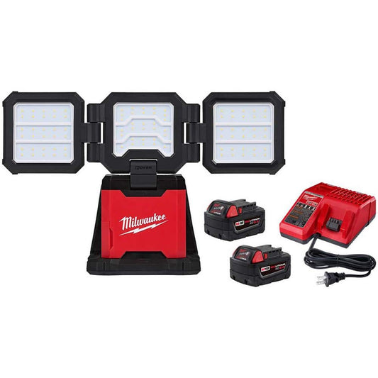 M18 18-Volt Lithium-Ion Cordless 4500 Lumens ROVER Dual Power Triple-Panel Light with Two 5.0Ah Batteries and Charger